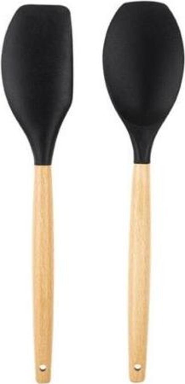Tantitoni Bambu Saplı Siyah Renkli Silikon Büyük Kaşık Ve Spatula Seti - Image 1