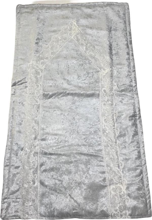 Tuğra Fransız Dantelli Kadife Seccade Namazlık 65 x 120 Gri - Image 1