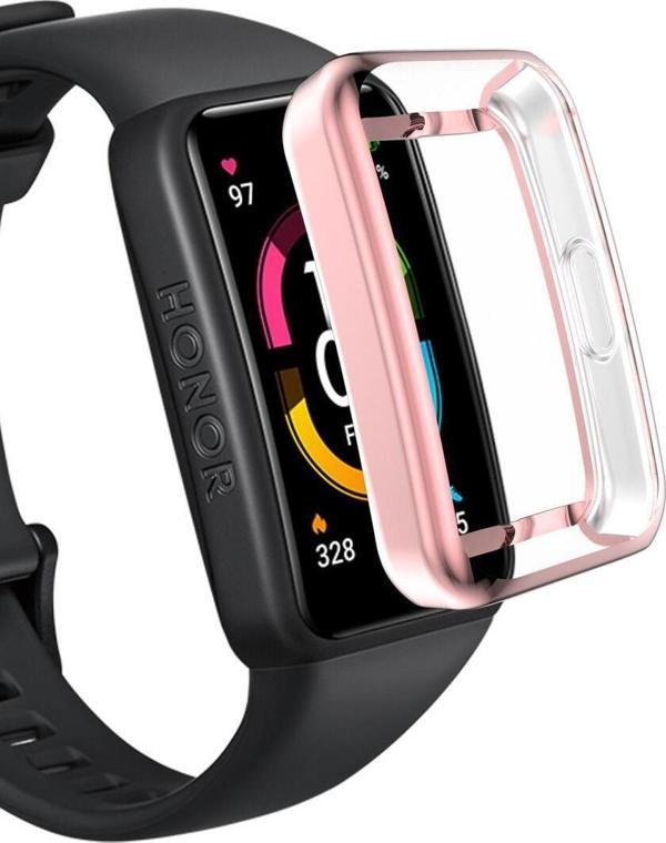 Coverzone Honor Band 6 Pro ile uyumlu Şeffaf Tam Kapatan Çerceve PC Kasa Koruma Gard Çerçeve Rose - Image 1