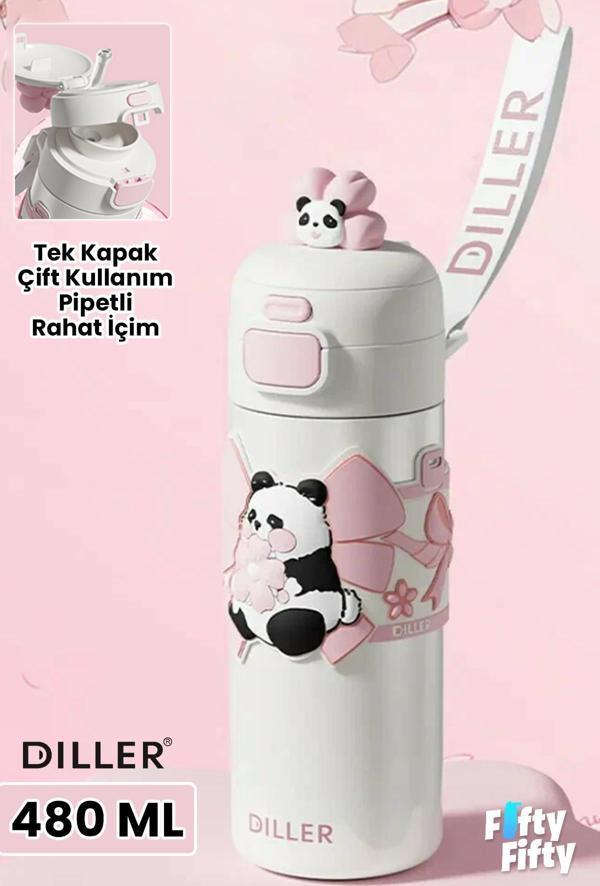 DILLER 480 ML Tek Kapak Çift Kullanım Pipetli/Pipetsiz Taşıma El Askılı Vacum Cup/Çelik Termos -FFD9317-480 - Image 1