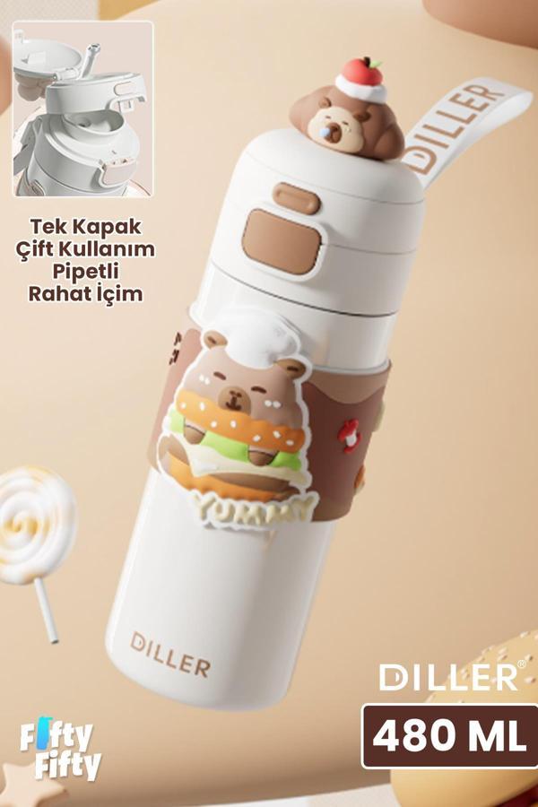 DILLER 480 ML Tek Kapak Çift Kullanım Pipetli/Pipetsiz Taşıma El Askılı Vacum Cup/Çelik Termos -FFD9351-480 - Image 1