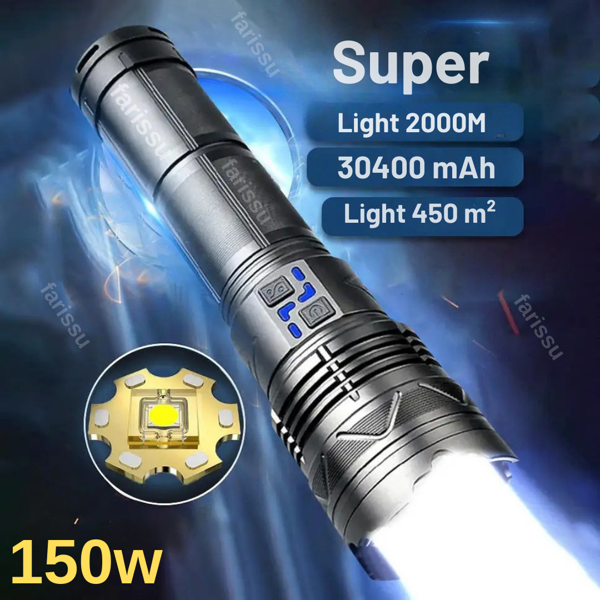 150W LED El Feneri – 2-3 KM Menzil, 12000 Lümen, 30400 mAh, Zoom, Şarjlı, Su Geçirmez, Özel Çantalı - Image 1