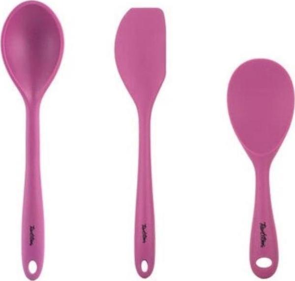 Tantitoni Vişne Renkli Silikon 3lü Büyük Kaşık,Pilav Kaşığı Ve Spatula Seti - Image 1