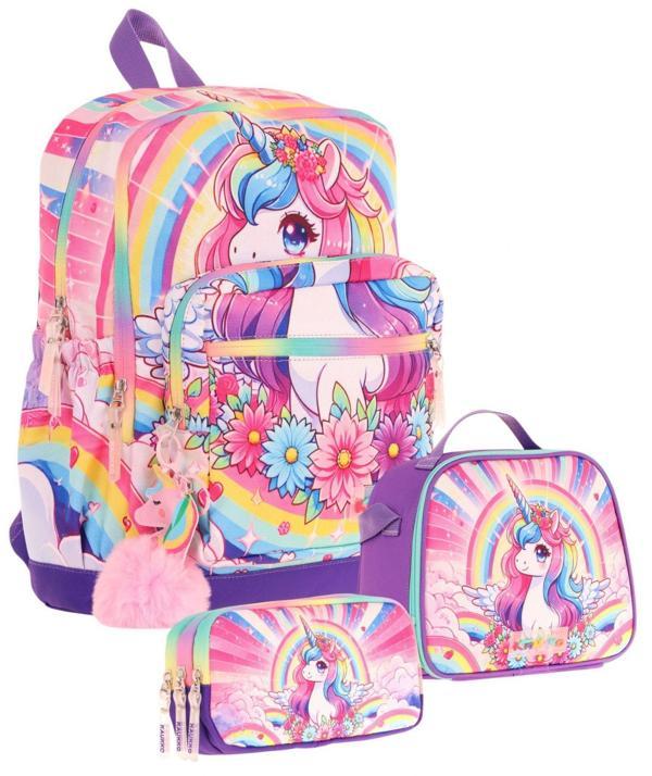 Kaukko Kids Dört Bölmeli Okul Çantası + Beslenme +Kalemlik Seti (Unicorn - Kız Çocuk - Pembe Mor) - Image 1