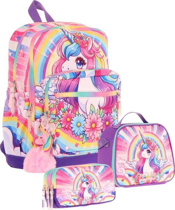 Kaukko Kids Dört Bölmeli Okul Çantası + Beslenme +Kalemlik Seti (Unicorn - Kız Çocuk - Pembe Mor) - Image 1