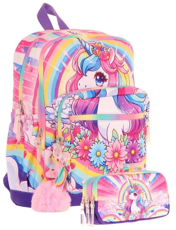 Kaukko Kids Layer Kız Çocuk Okul Çantası + Kalem Çantası Seti (Pembe Mor - Unicorn) - Image 1