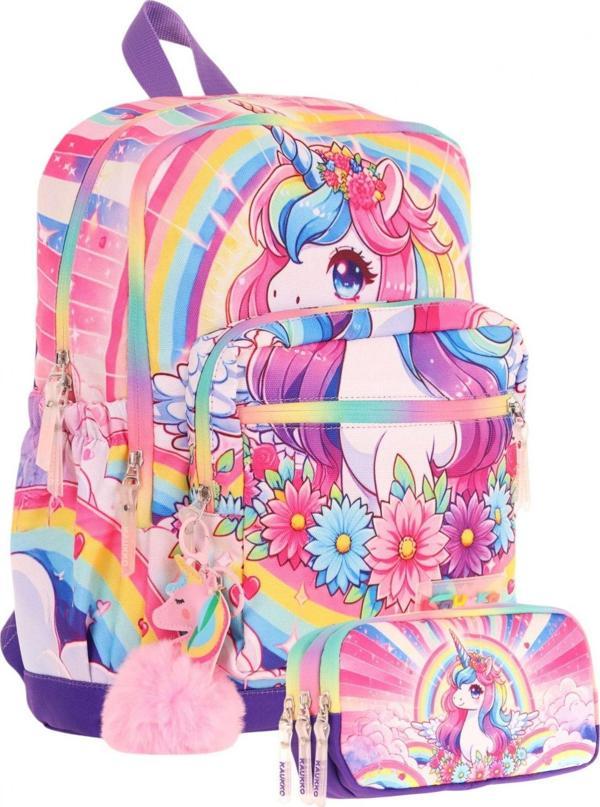 Kaukko Kids Layer Kız Çocuk Okul Çantası + Kalem Çantası Seti (Pembe Mor - Unicorn) - Image 1