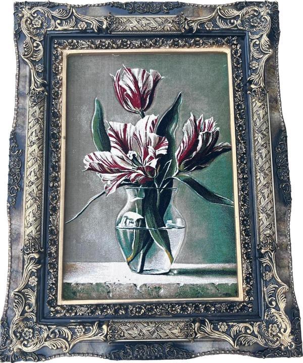 Sükûnetin Laleleri Adlı İran Tebriz Halı Tablo 94x74cm - Duvar Halı Kilim Tablo - Image 1