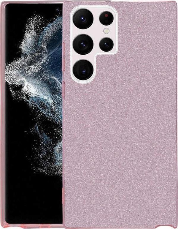 Coverzone Galaxy S22 Ultra Ile Uyumlu Kılıf Simli Parlak Çift Katmanlı Shining Silikon Pembe - Image 1