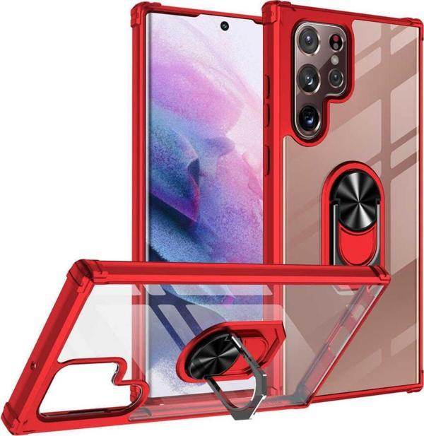 Coverzone Galaxy S22 Ultra Ile Uyumlu Kılıf Yüzük Tutuculu Standlı Freez Kırmızı - Image 1