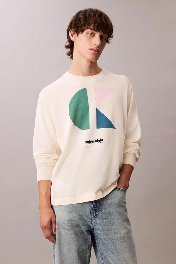 Calvin Klein Jeans Uzun Kollu Renk Bloklu Grafik Pamuklu Beyaz  Erkek Kazak LV04RC303G-YAS - Image 1