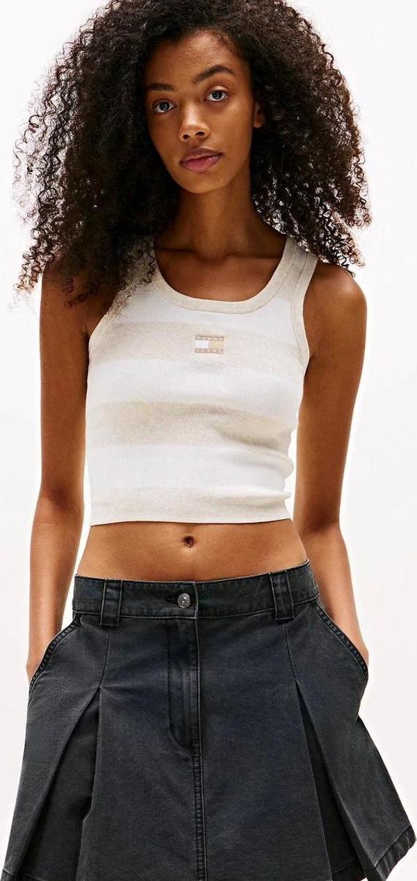 Tommy Jeans Çizgili Kısa Kadın Bej Kazak DW0DW20969AE3 - Image 1
