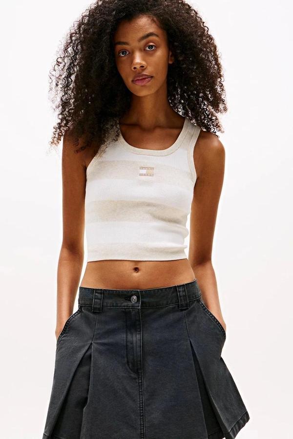 Tommy Jeans Çizgili Kısa Kadın Bej Kazak DW0DW20969AE3 - Image 1