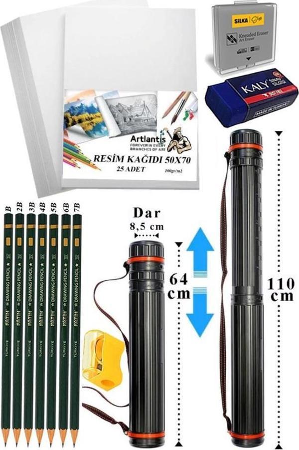 Proje Tüpü Dar 1 Adet 50x70 cm Resim Kağıdı 25 Adet Dereceli Resim Kalemi Bozuka Proje Tüpü Silindir Proje Tüpü - Image 1