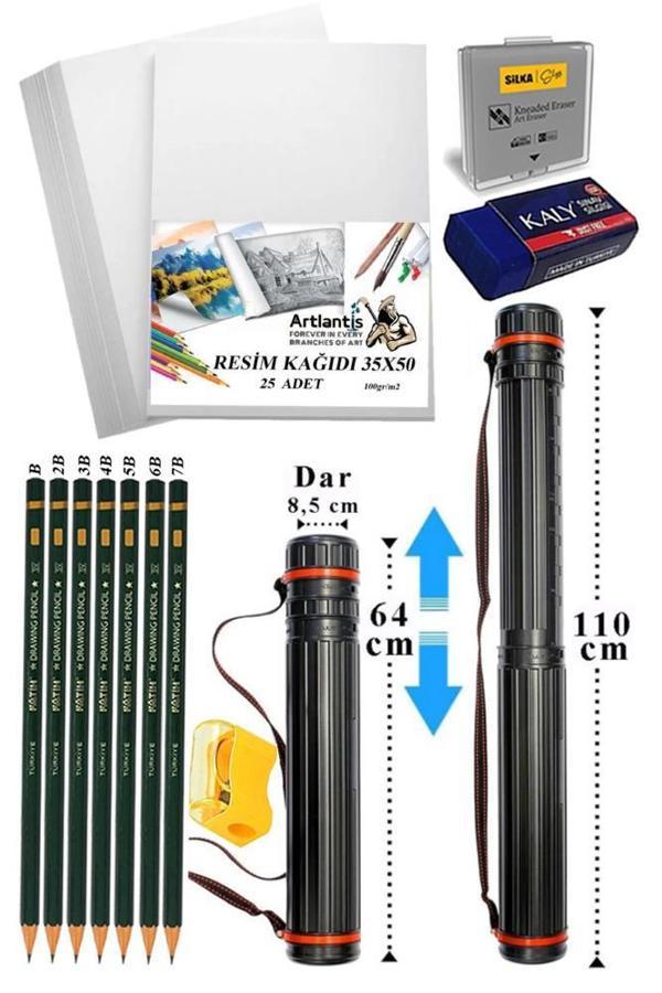 Proje Tüpü Dar 1 Adet 35x50 cm Resim Kağıdı 25 Adet Dereceli Resim Kalemi Bozuka Proje Tüpü Silindir Proje Tüpü - Image 1