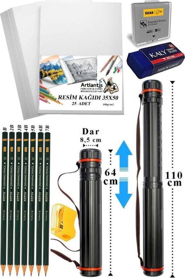 Proje Tüpü Dar 1 Adet 35x50 cm Resim Kağıdı 25 Adet Dereceli Resim Kalemi Bozuka Proje Tüpü Silindir Proje Tüpü - Image 1
