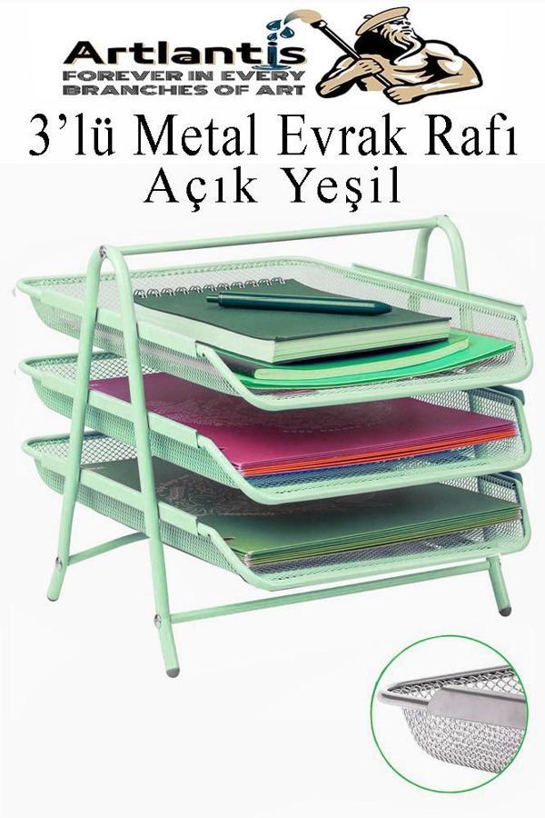 Evrak Rafı Metal 3 lü Yeşil 1 Paket Masaüstü A4 Dosya Düzenleyici Kağıt Tepsisi Metal Çelik Fileli Üç Katlı Hareketli - Image 1