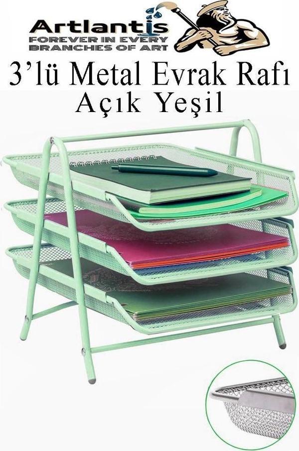 Evrak Rafı Metal 3 lü Yeşil 1 Paket Masaüstü A4 Dosya Düzenleyici Kağıt Tepsisi Metal Çelik Fileli Üç Katlı Hareketli - Image 1
