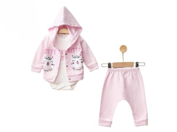 CUTE KAPŞONLU HIRKA BODY PANTOLON KIZ TAKIM Pembe - Image 1