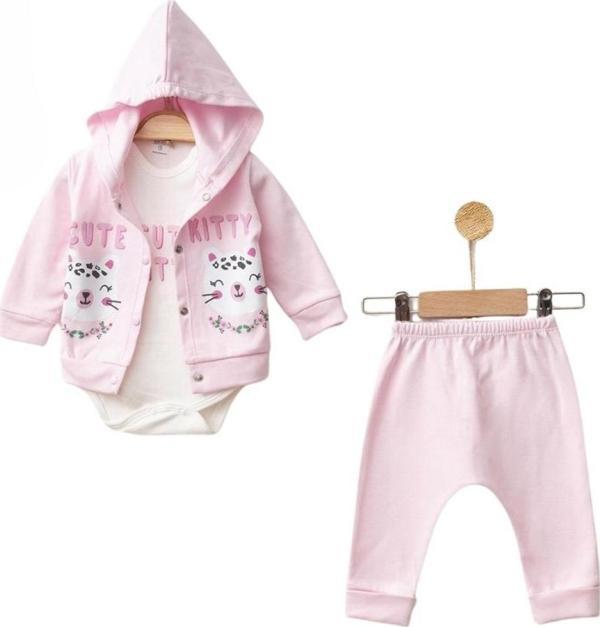 CUTE KAPŞONLU HIRKA BODY PANTOLON KIZ TAKIM Pembe - Image 1
