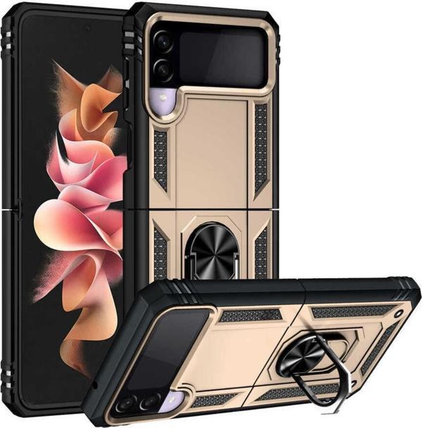 Coverzone Galaxy Z Flip 3 Kılıf Shockproof Standlı Yüzük Tutuculu Mega Case Gold - Image 1