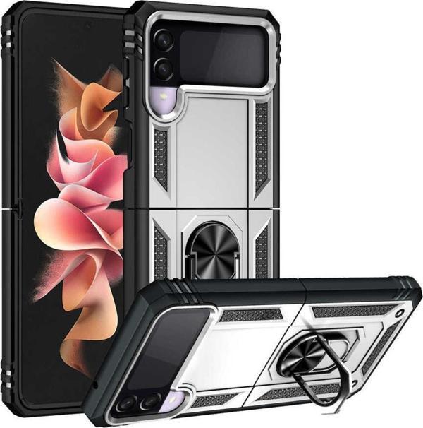 Coverzone Galaxy Z Flip 3 Kılıf Shockproof Standlı Yüzük Tutuculu Mega Case Gri - Image 1