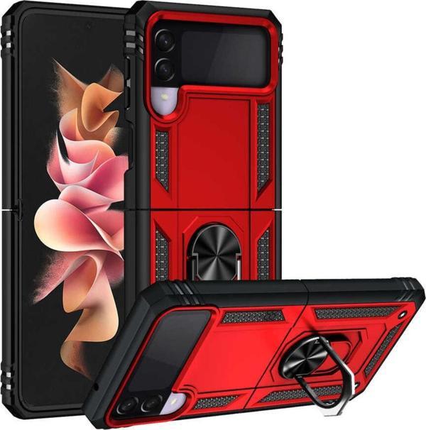 Coverzone Galaxy Z Flip 3 Kılıf Shockproof Standlı Yüzük Tutuculu Mega Case Kırmızı - Image 1