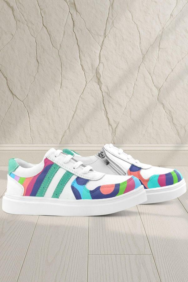 Rakerplus Tbons Özel Tasarım Hakiki Deri Beyaz Yeşil Bağcıklı Fermuarlı Çocuk Sneaker - Image 1