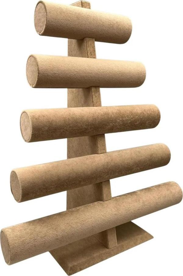 Süet Kumaş Sütlü Kahve Renk Beş Kademeli 45/34 cm Bileklik-Saat Sergileme Standı - Image 1