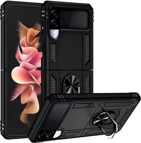 Coverzone Galaxy Z Flip 3 Kılıf Shockproof Standlı Yüzük Tutuculu Mega Case Siyah - Image 1