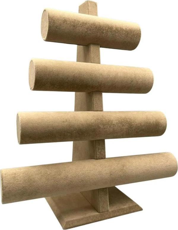 Süet Kumaş Sütlü Kahve Renk Dört Kademeli 38/34 cm Bileklik-Saat Sergileme Standı - Image 1
