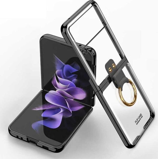 Coverzone Galaxy Z Flip 3 Kılıf Yüzüklü Standlı Katlanabilen Metal Görünümlü Wonderful Kılıf Koyu Siyah - Image 1