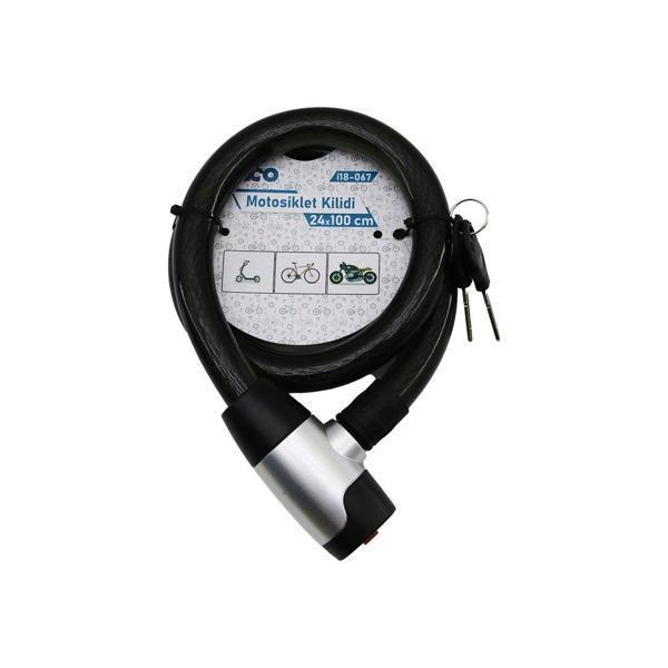 ANAHTARLI METAL KAPLAMA KAFA ÇEK-İT KİLİT KAPAK MOTOR - BİSİKLET KİLİT ÇELİK TEL SİYAH ŞEFFAF KILIF 24MMX100CM (5060) - Image 1