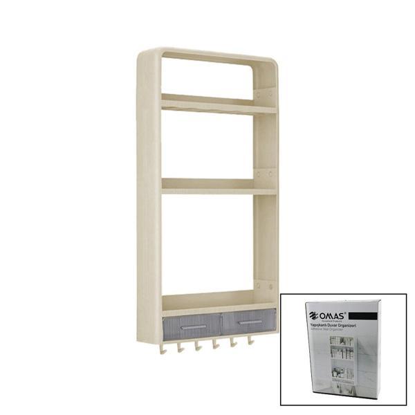 BEJ YAPIŞKANLI DUVAR ORGANİZERİ PLASTİK 3 RAF=14CM-19CM-30CM - 2 ÇEKMECE=40CM - 6 ASKI 19 PCARÇA (5060) - Image 1