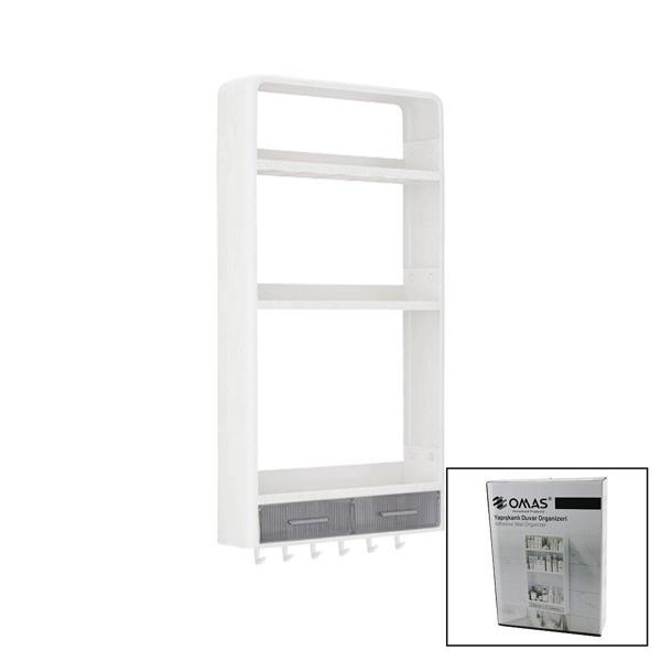 BEYAZ YAPIŞKANLI DUVAR ORGANİZERİ PLASTİK 3 RAF=14CM-19CM-30CM - 2 ÇEKMECE=40CM - 6 ASKI 19 PARÇA (5060) - Image 1