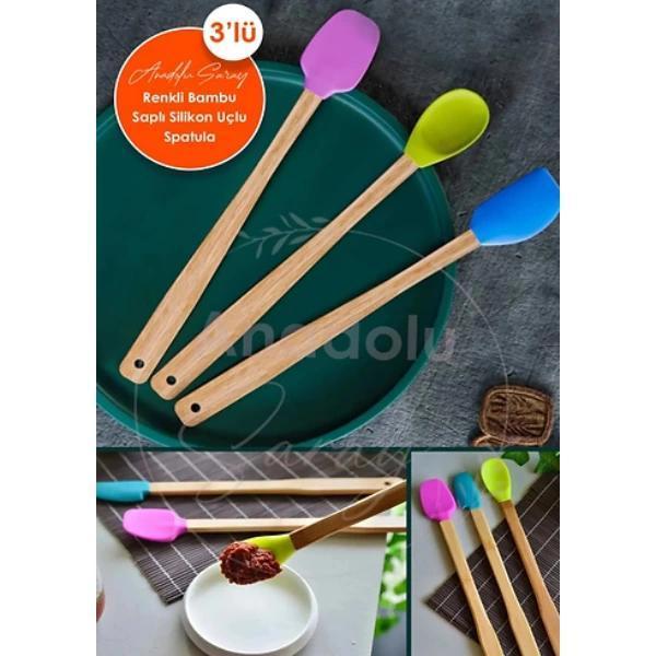 Silikon Uçlu Isıya Dayanıklı Bambu Spatula 3'lü Set - Image 1