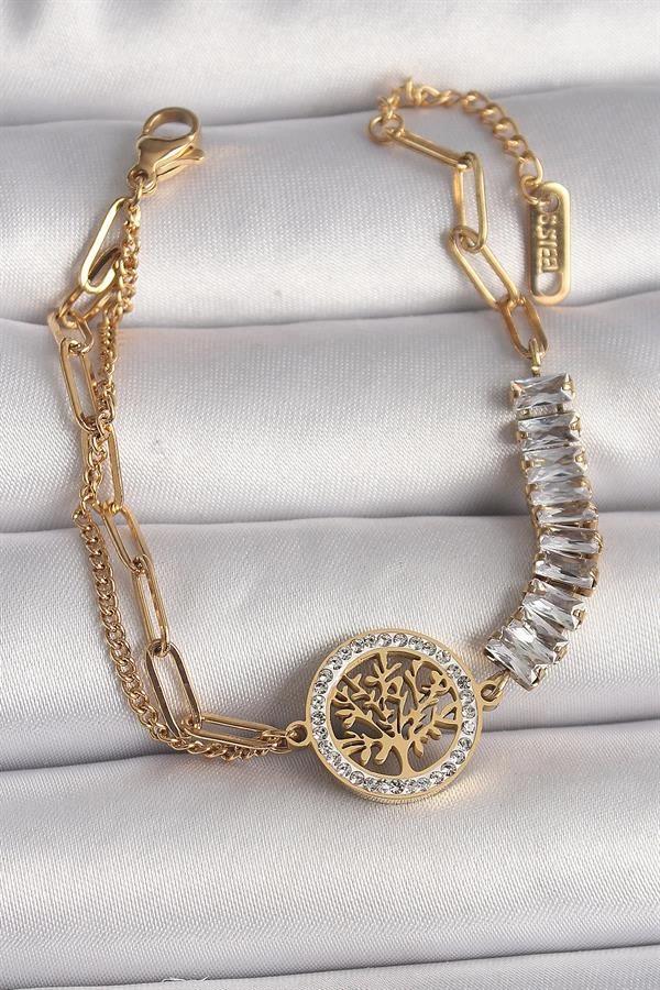 316L Çelik Gold Renk 2'Li Zincir Su Yolu Zirkon Taşlı Yaşam Ağacı Figür Kadın Bileklik - Image 1