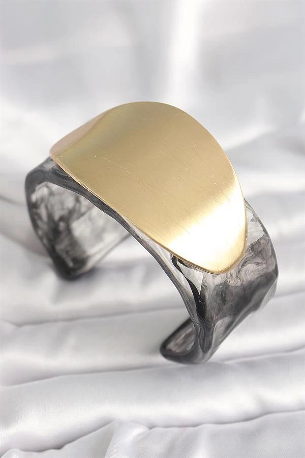 Siyah Mermer Desen Akrilik Plastik Gold Oval Plaka Model Vintage Kadın Bilezik - Image 1