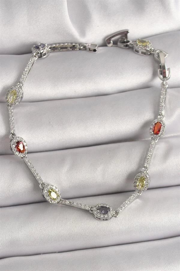 Pirinç Gümüş Renk Renkli Zirkon Taşlı Damla Taş Model Kadın Bileklik - Image 1