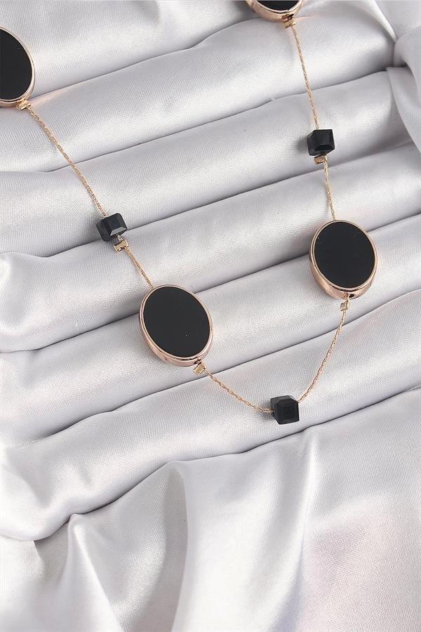 Pirinç Gold Renk Siyah Renk Oval Siyah Küp Detay Kadın Kolye - Image 1