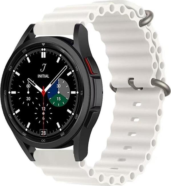 Coverzone Galaxy Watch Active 2 Ile Uyumlu 44mm Quintessential Kabartmalı Metal Tokalı Kordon Beyaz - Image 1