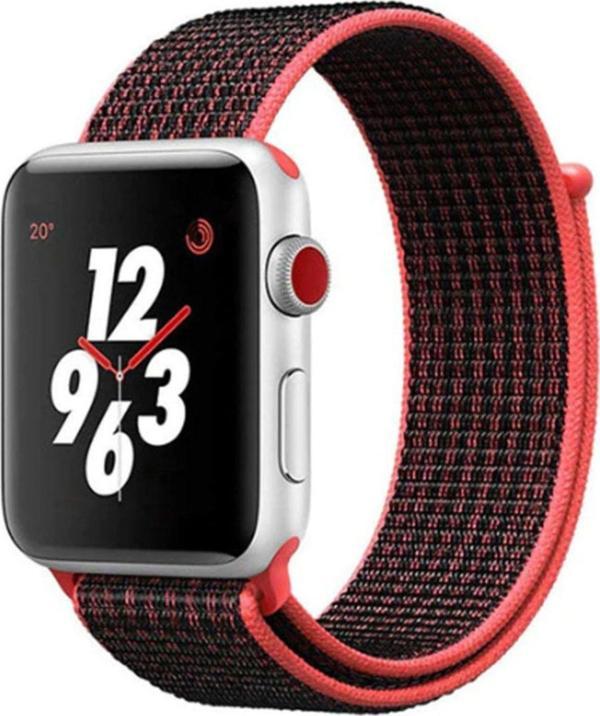 Coverzone Apple Watch 44mm Bilekli Kumaş Kayış Kordon Pembe Siyah - Image 1