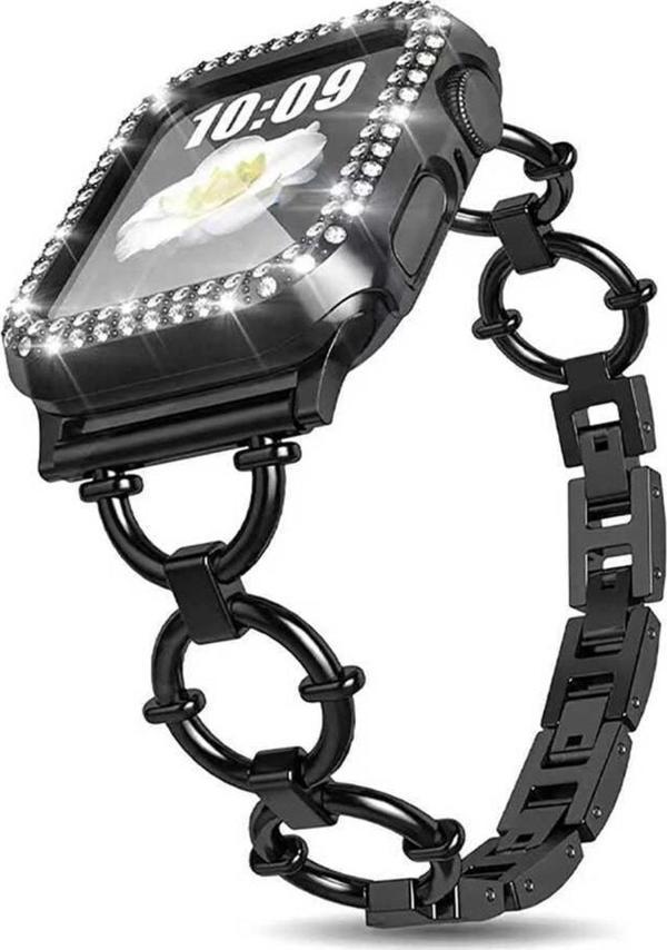 Coverzone Apple Watch 4 40mm Ile Uyumlu Dias Metal Halkalı Tasarım Kordon Siyah - Image 1