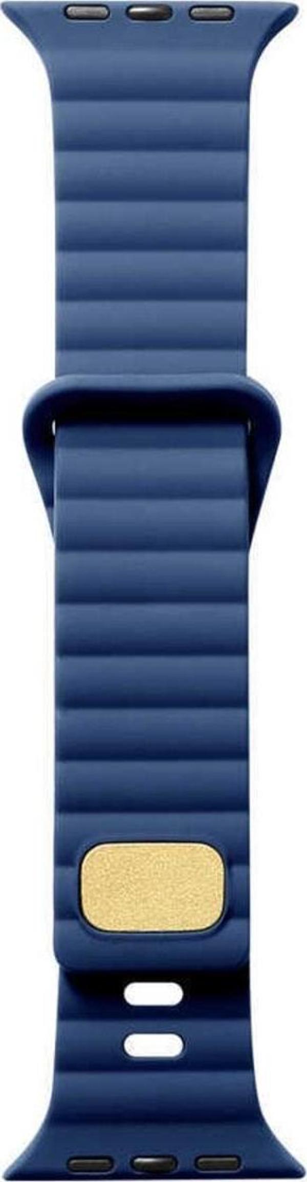 Coverzone Apple Watch 7 Ile Uyumlu Metal Toka Tasarımlı 45mm Strip Kabartmalı Kordon Lacivert - Image 1