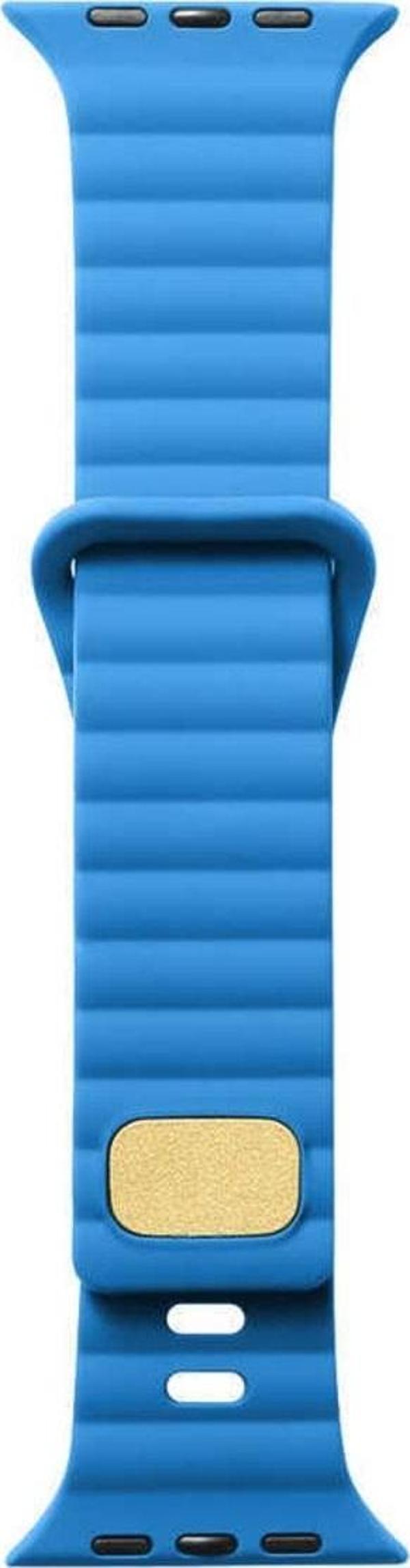 Coverzone Apple Watch 7 Ile Uyumlu Metal Toka Tasarımlı 45mm Strip Kabartmalı Kordon Mavi - Image 1