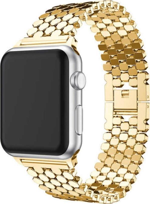 Coverzone Apple Watch 44mm Octagon Desenli Metal Kordon Gold - Image 1
