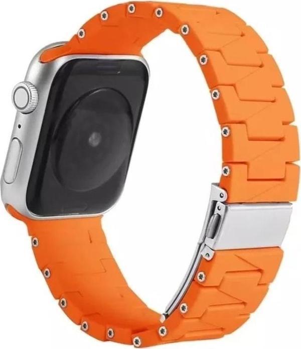 Coverzone Apple Watch 5 Uyumlu Metal Görünümlü Çapraz Silikon Kayış 42-44mm Dalliance Kordon Turuncu - Image 1