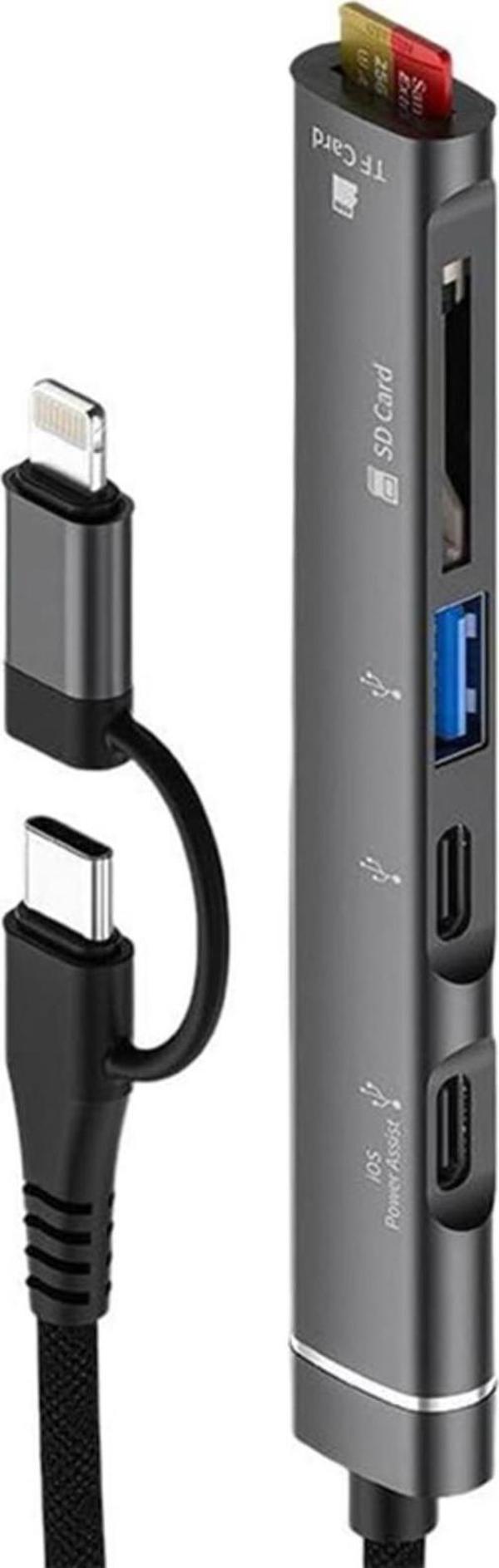 Coverzone Type-C ve Lightning Değiştirilebilir Başlık iPhone 15 Uyumlu SD Kart Micro SD Kart Okuyucu ZR563 - Image 1