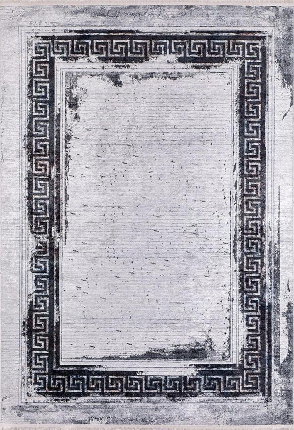 Angarsk Gri Çerçeveli Etnik Modern Desenli Pamuk Makinada Yıkanabilir Hav Toz Vermez Leke Tutmayan Kaymaz Taban Dijital Makine Baskı Salon Yolluk Mutfak Halı - Image 1