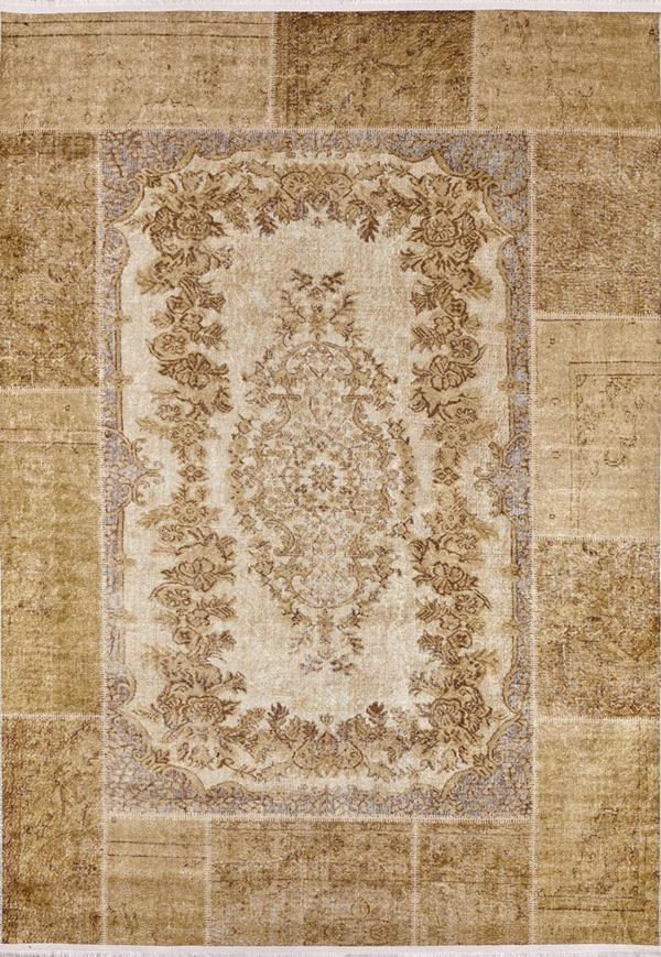 Derbent Gold Patchwork Etnik Modern Desenli Pamuk Makinada Yıkanabilir Hav Toz Vermez Leke Tutmayan Kaymaz Taban Dijital Makine Baskı Salon Yolluk Mutfak Halı - Image 1